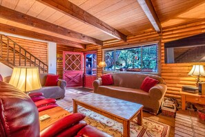 Smart TV, fireplace, books, stereo