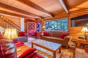 Smart TV, fireplace, books, stereo