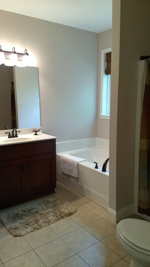 Combined shower/bathtub, hair dryer, towels, soap