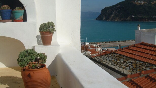 A terrace with potted plants, a view of the sea, and a mountainous landscape. - Agapi Nefeli, unique roofterrace view to sea port & town island MamaMia Skopelos (Skopelos)