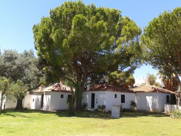 A two-story building with a tiled roof, surrounded by a well-maintained lawn and large trees.