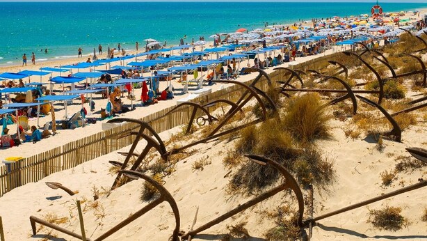Une plage bordée de rangées de parasols bleus et de chaises de plage, une zone sablonneuse parsemée de structures métalliques rouillées, et l’océan en arrière-plan.