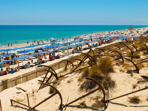 A beach with rows of blue umbrellas and beach chairs, a sandy area with rusted metal structures, and the ocean in the background.