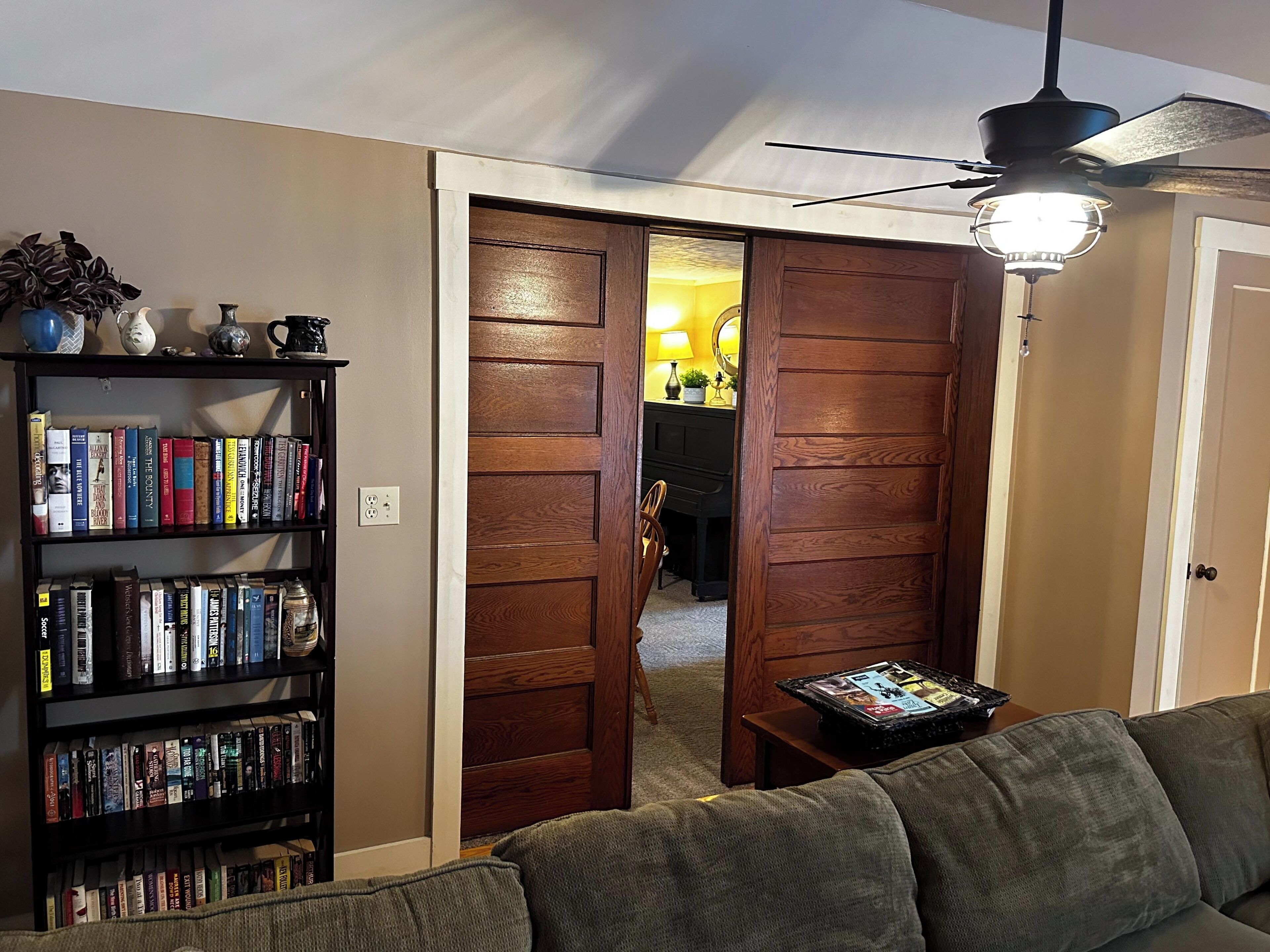 Smart TV, chimenea, reproductor de DVD y libros 