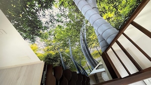 A staircase with a view of trees and a wooden railing. - Exclusive Tuscan Villa with Black Pool & Jacuzzi (Altopascio)