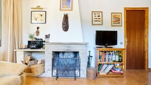 A living room with a fireplace, a television, and a bookshelf.