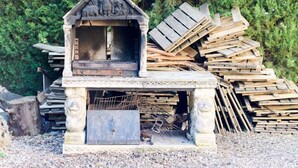A stone birdhouse with a chimney, surrounded by wooden planks and a tree in the background.