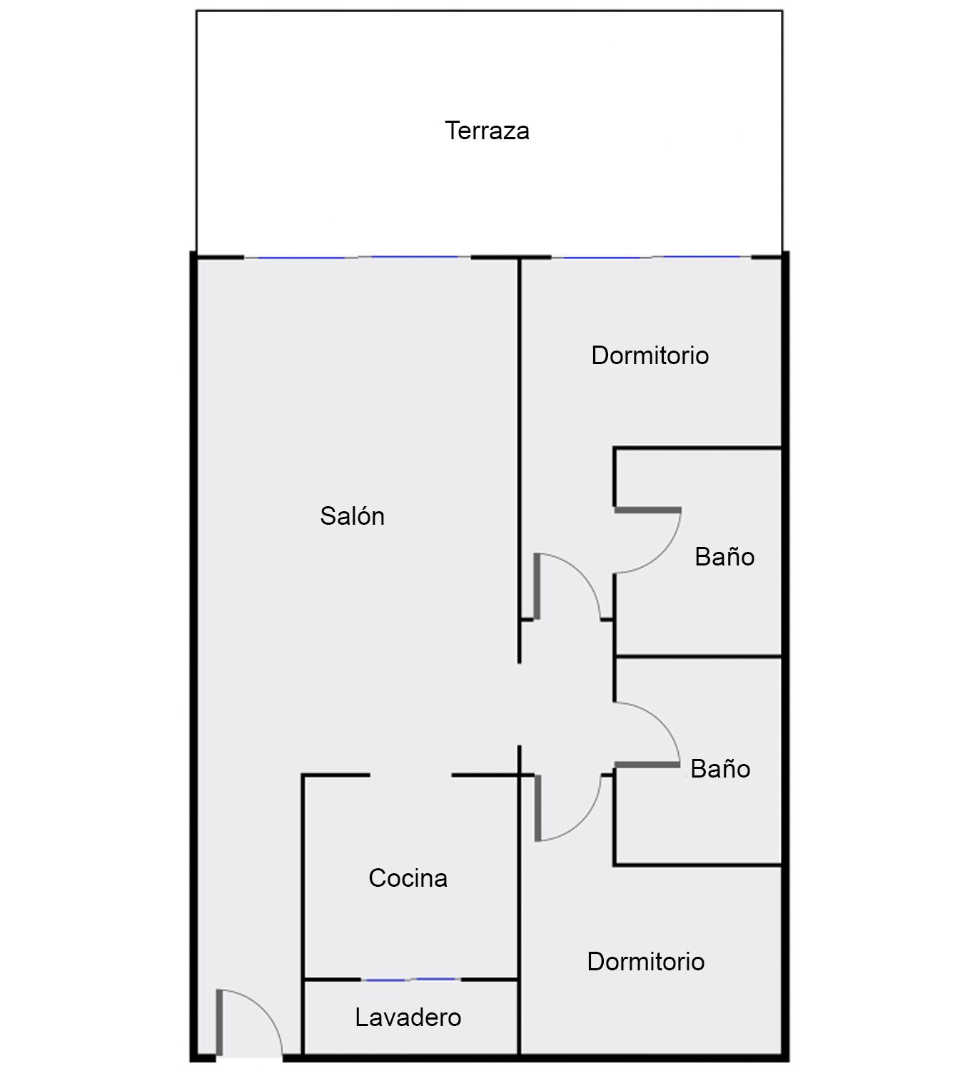 A floor plan with a terrace, two bedrooms, a bathroom, a kitchen, and a bathroom.