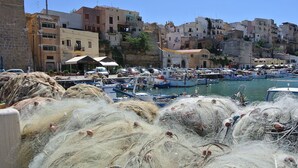 Un pueblo costero con un puerto deportivo lleno de barcos, rodeado de edificios con balcones y un cielo despejado.