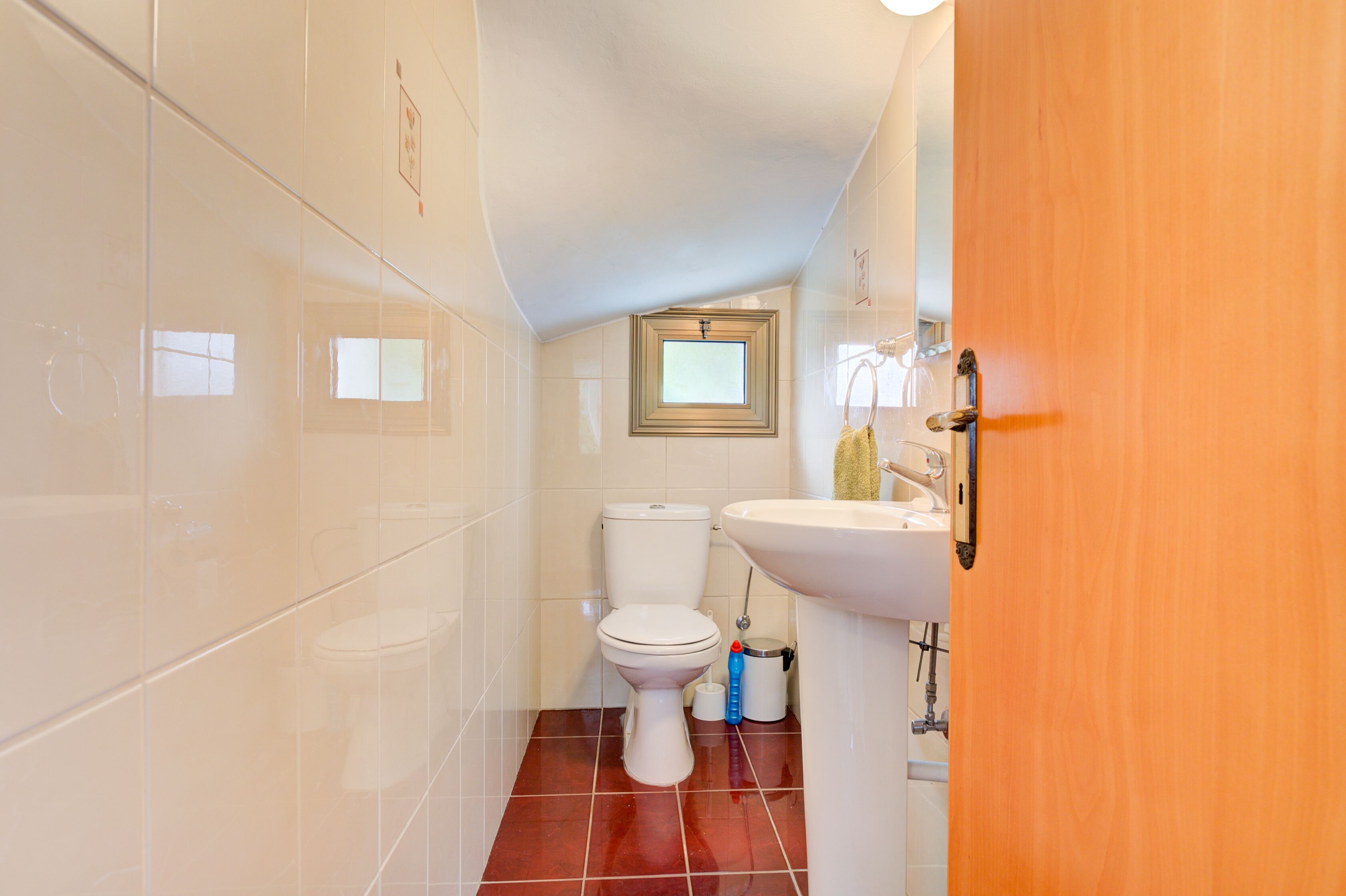 Een badkamer met een toilet, wastafel en een houten deur.