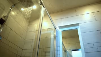 Shower, hair dryer, towels, toilet paper
