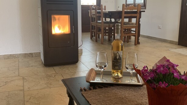 A cozy living room with a wood-burning stove, a dining area with a table and chairs, and a potted plant on a rug. - Casa Nerelie S big garden for playing, wi-fi free!!I - IT091063C2000P2044 (Orosei)