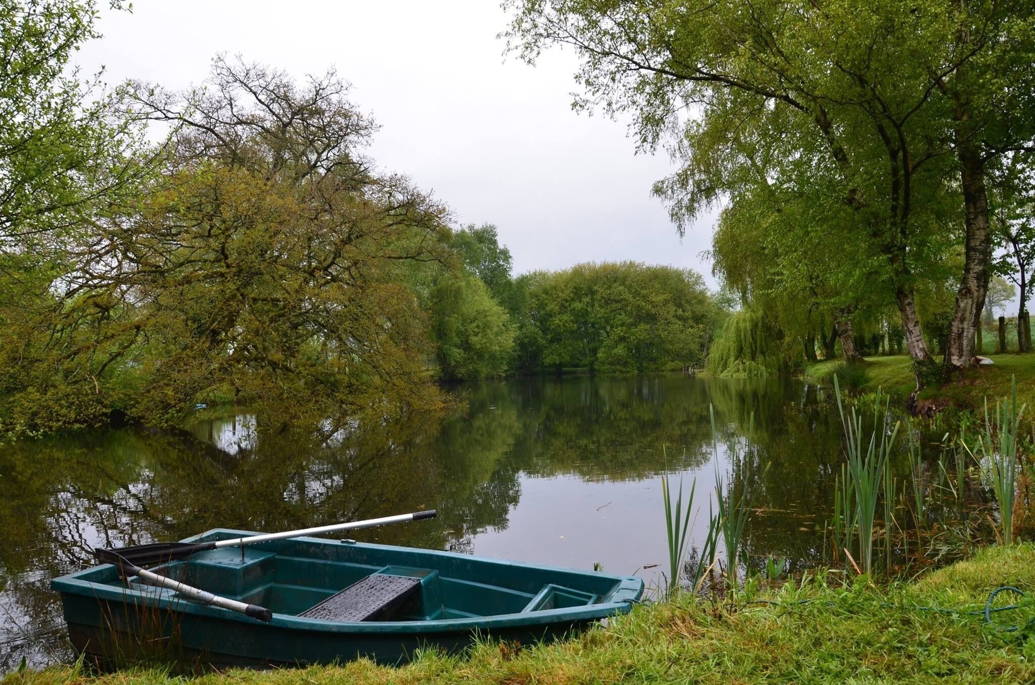 Un lac paisible, avec une petite barque amarrée sur la rive, entouré d’une végétation luxuriante et d’arbres.