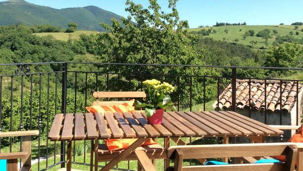 Una terraza de madera con una mesa y sillas, una planta en maceta y vistas a colinas verdes y una montaña a lo lejos.
