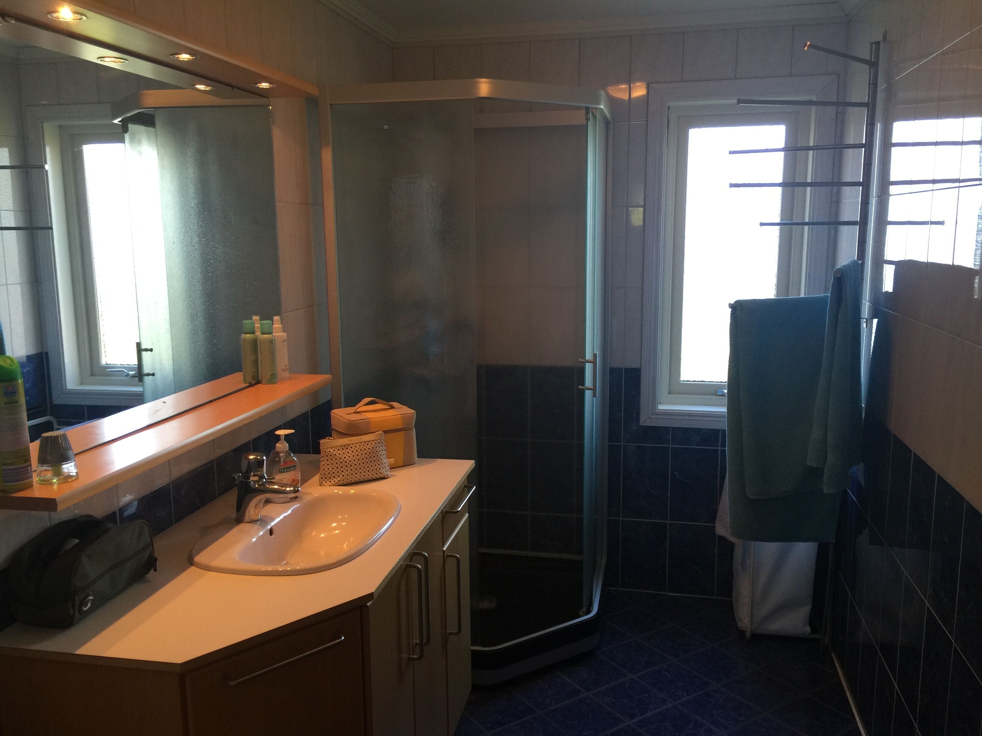A bathroom with a sink, mirror, toiletries, a shower, and a towel rack.