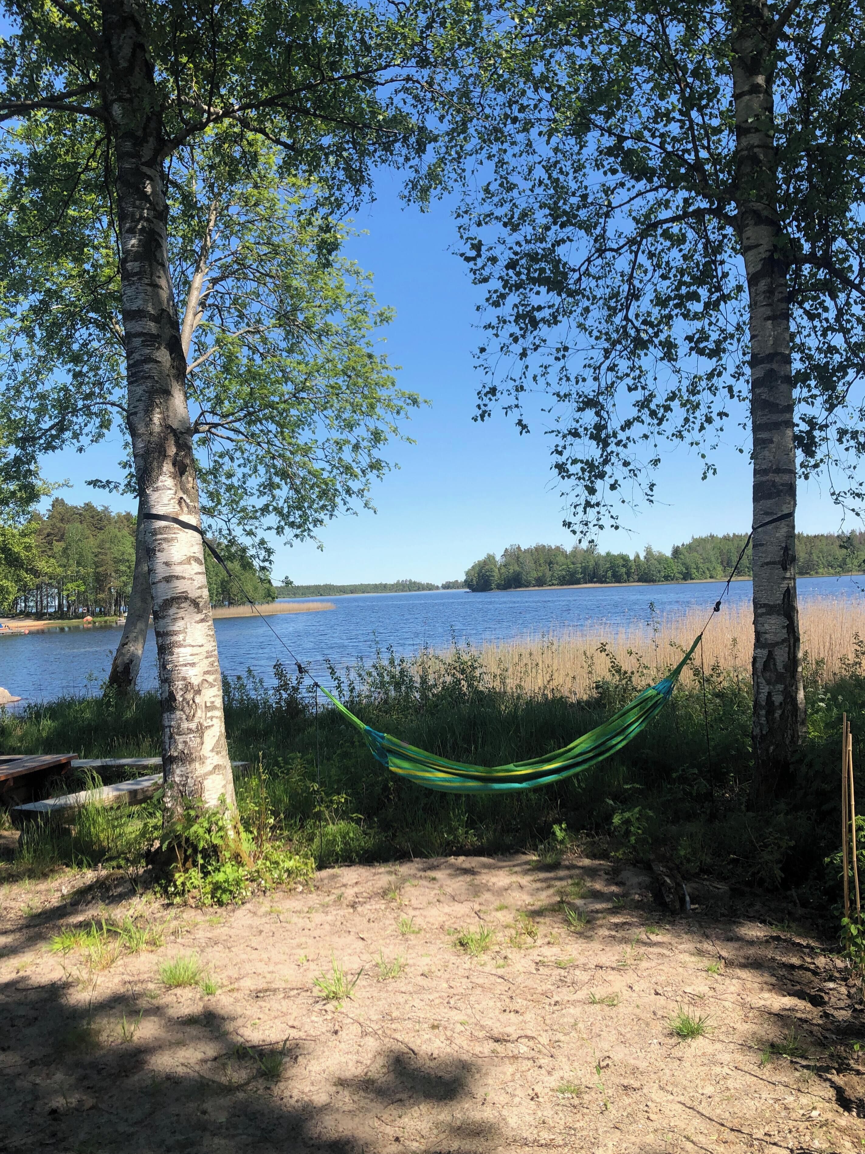 Un hamac tendu entre deux arbres, avec vue sur un lac.