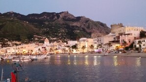 A coastal town with buildings along the waterfront, boats docked, and a mountain in the background. - relax in the green near the sea and from the center of Forio (Forio)
