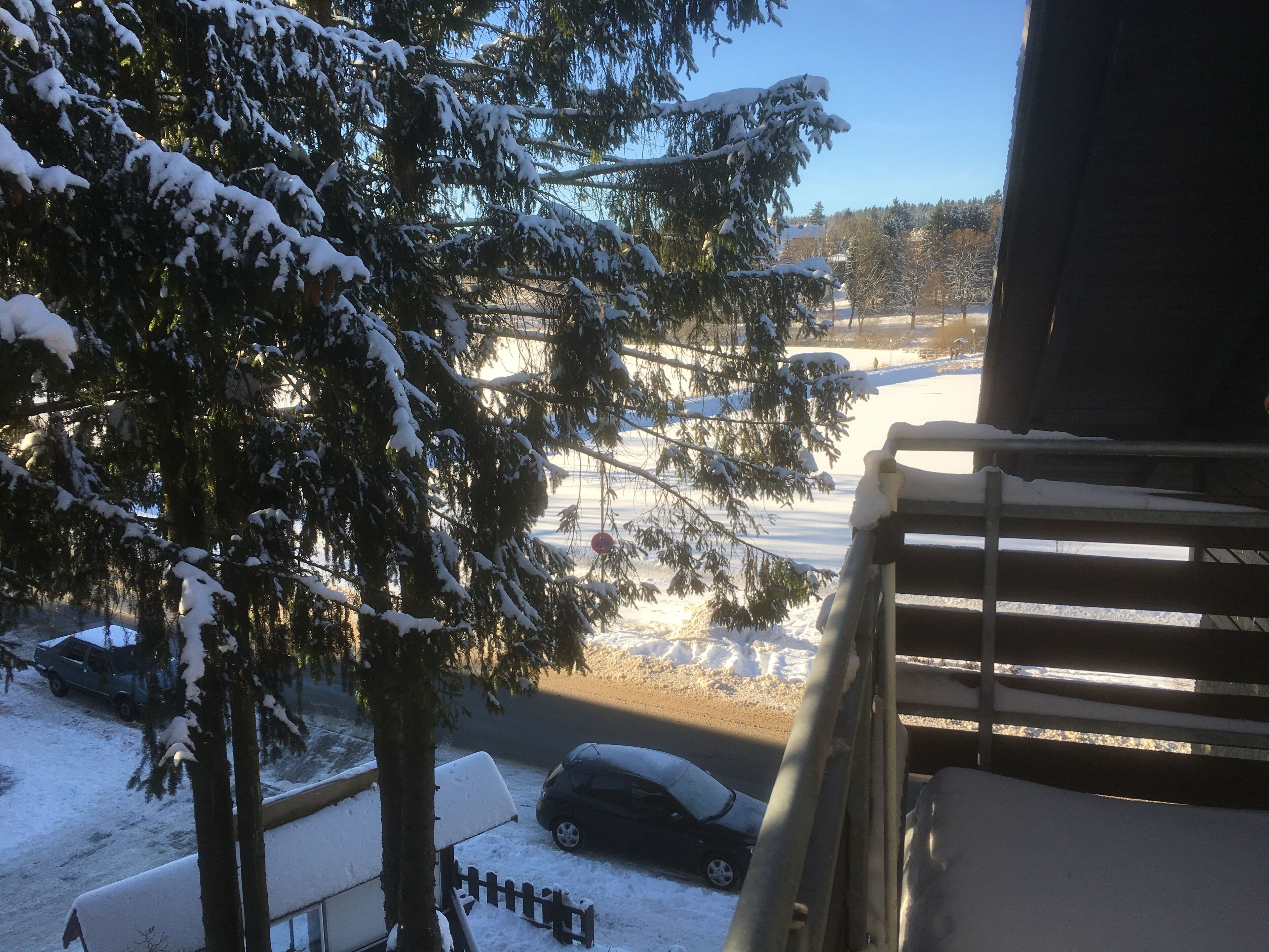 A snowy outdoor scene with a wooden deck, a snow-covered car, and a tree in the foreground.