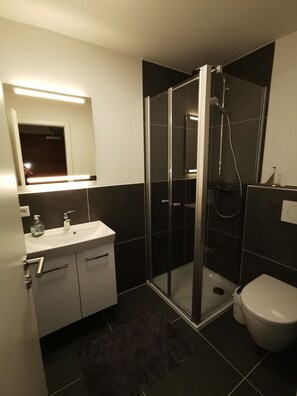 A modern bathroom with a glass-enclosed shower, a white sink, and a toilet. - Cozy 1 bedroom apartment with water views (Harrislee)