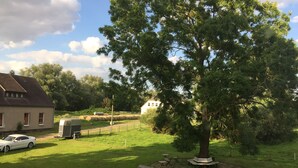 A house with a lawn, a tree, and a small shed. - Pferdehof Muhlitz on Rügen, an idyll for individualists (Samtens)
