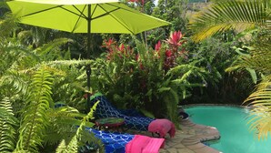 A poolside area with a lounge chair and umbrella, surrounded by lush tropical plants. - The AZAE chalet, from relaxation to escape, in a green setting (Saint-Louis de la Reunion)