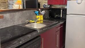 A kitchen with a sink, stove, microwave, and refrigerator. - CASTAGNERE 4* IN THE CÉVENNES: Vacation Rental in Aujac in the Cévennes National Park (Aujac)