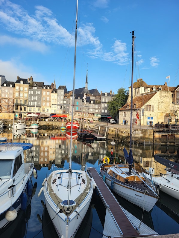 A marina with boats docked, a clear sky, and buildings in the background. - French Charm. Charming 40-square-meter apartment.⭐️⭐️⭐️ (Honfleur)
