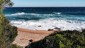 A beach with waves crashing onto the shore, surrounded by greenery. - Small pariadis, feet in the water, raised ground, 10pers! (Zonza)