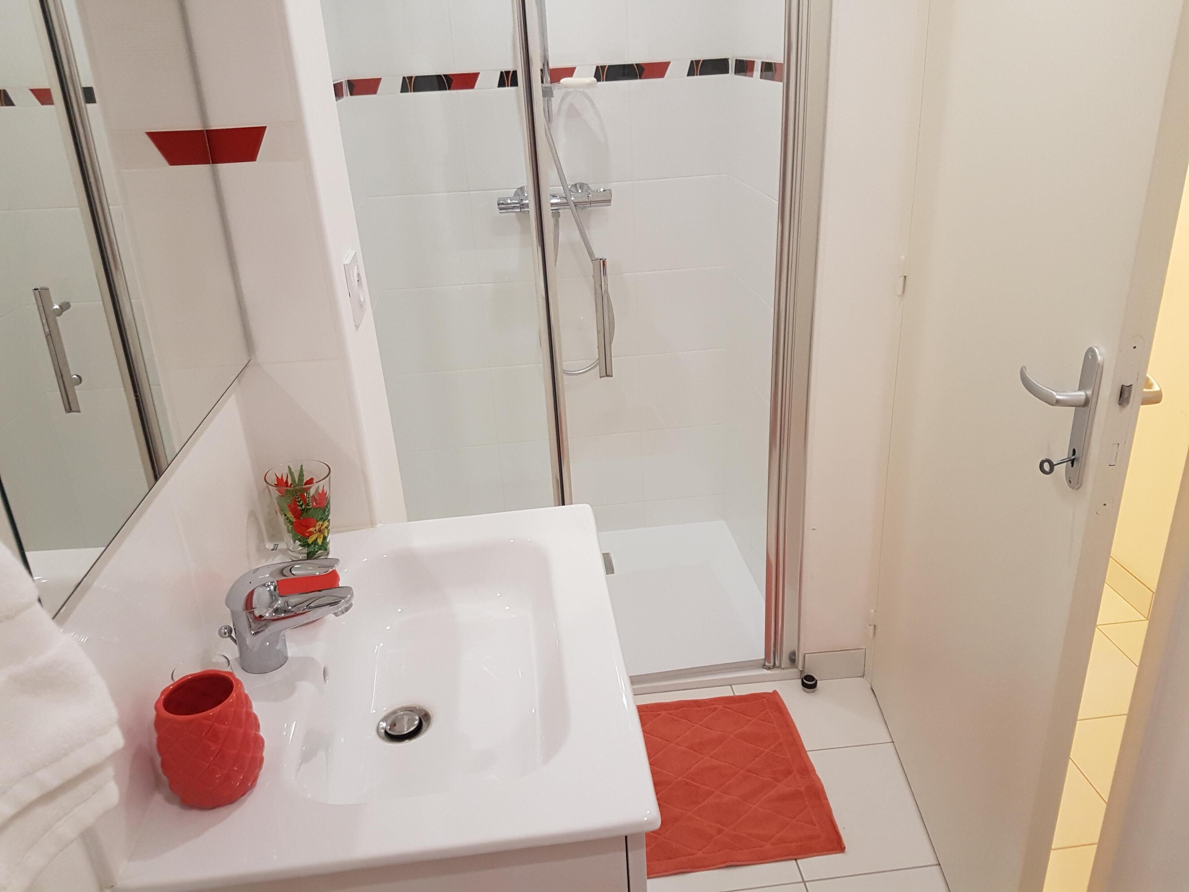A bathroom with a white sink, a glass shower enclosure, and a red rug.