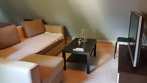 A room with a sofa, a coffee table, a TV, and a laptop. - Rental on Amboise (Amboise)