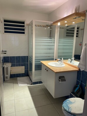 Dusche, Haartrockner, Handtücher, Seife