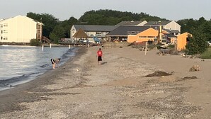 Een strand met gebouwen op de achtergrond, waaronder een groot wit gebouw en enkele kleinere constructies.