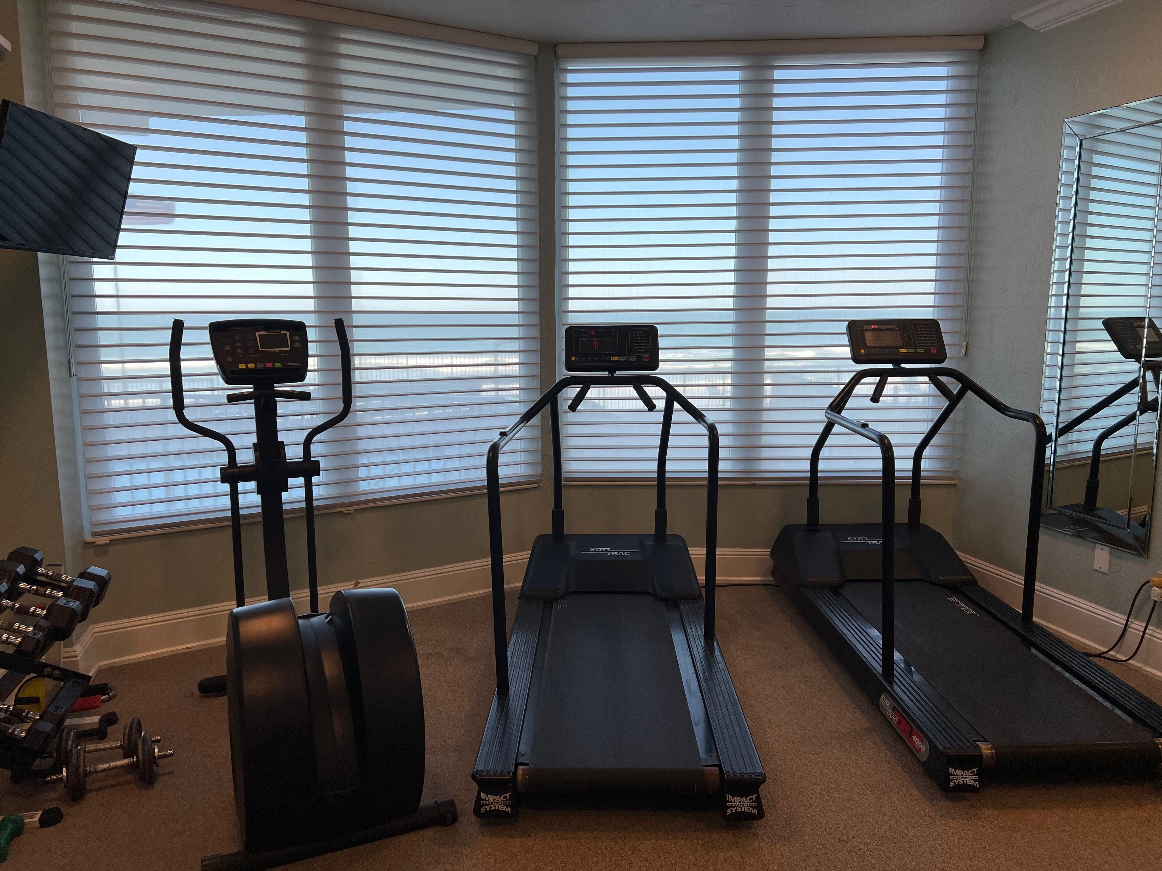 A home gym with treadmills, a stationary bike, and dumbbells.