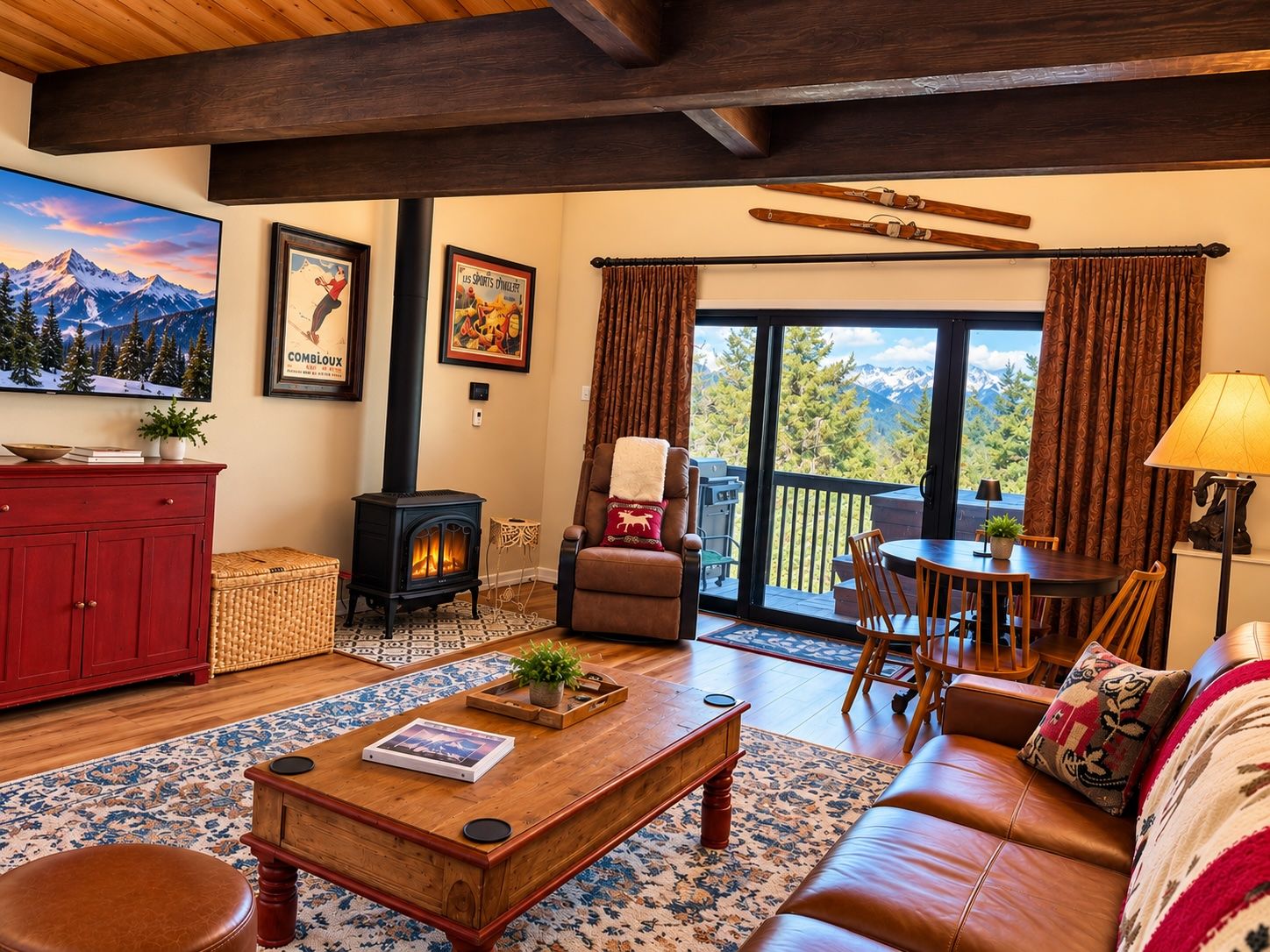 A cozy living room with a fireplace, a sofa, a coffee table, and a dining area with a view of mountains.