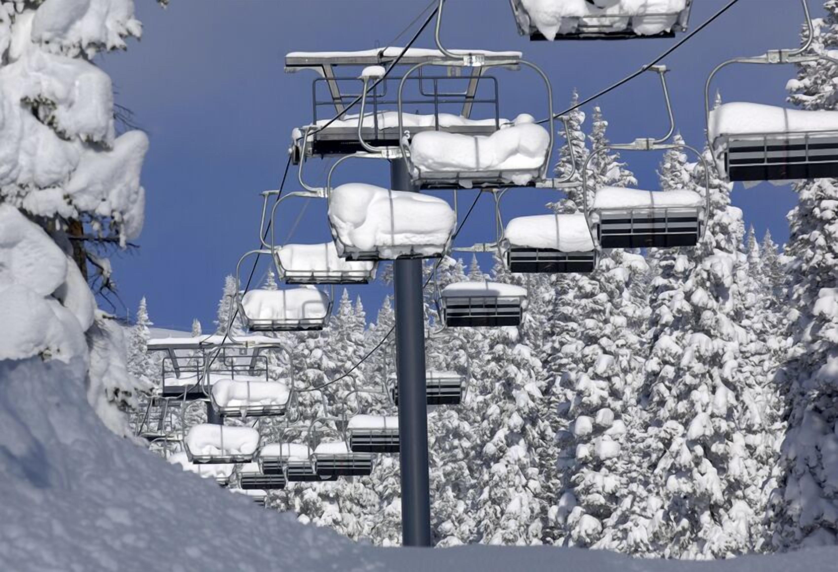 A ski lift with snow-covered chairs and trees.
