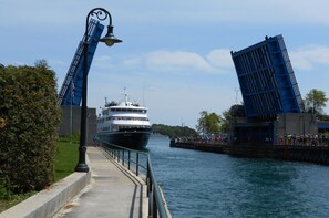 Ein Fluss, auf dem ein Boot unter einer Brücke vorbeifährt.
