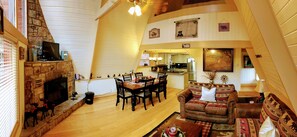 Smart TV, fireplace, foosball, books