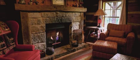 Smart TV, chimenea, libros y estéreo
