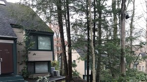 A residential area with houses, a driveway, and a rock garden.