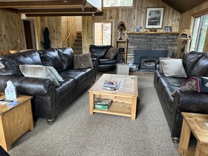 TV connectée, cheminée, livres, espaces bureaux