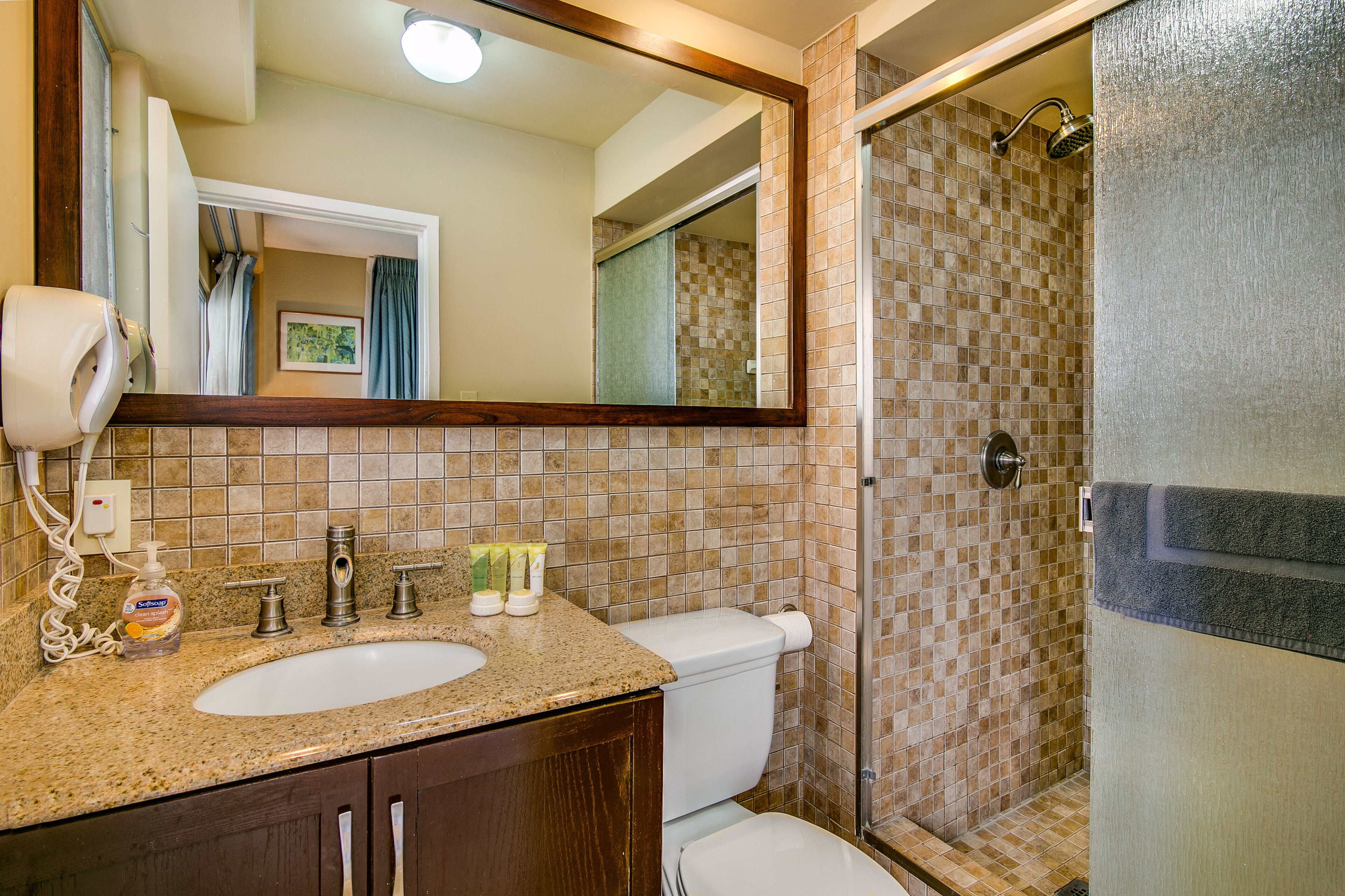 Shower, hair dryer, towels, soap