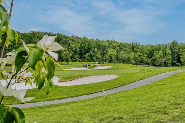 Un parcours de golf avec des allées bien définies, des bunkers de sable et un paysage boisé en arrière-plan.
