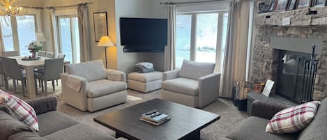 TV connectée, cheminée, lecteur de DVD, chaîne hi-fi