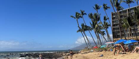 On the beach, sun-loungers, beach towels