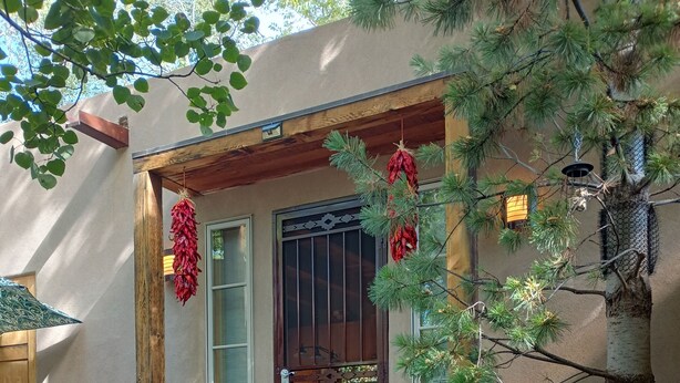 A building with a stone entrance, a wooden door with a metal gate, and a small porch area.