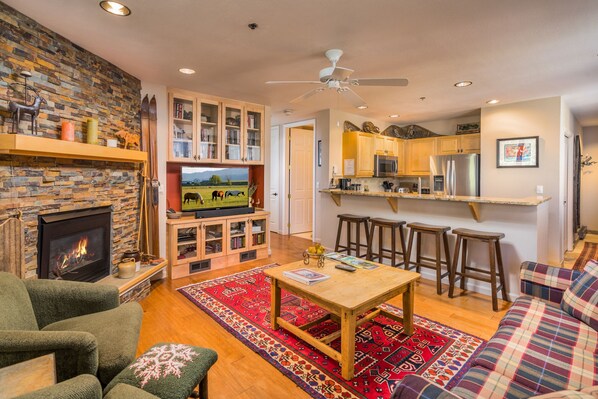 LCD TV, fireplace, DVD player, books