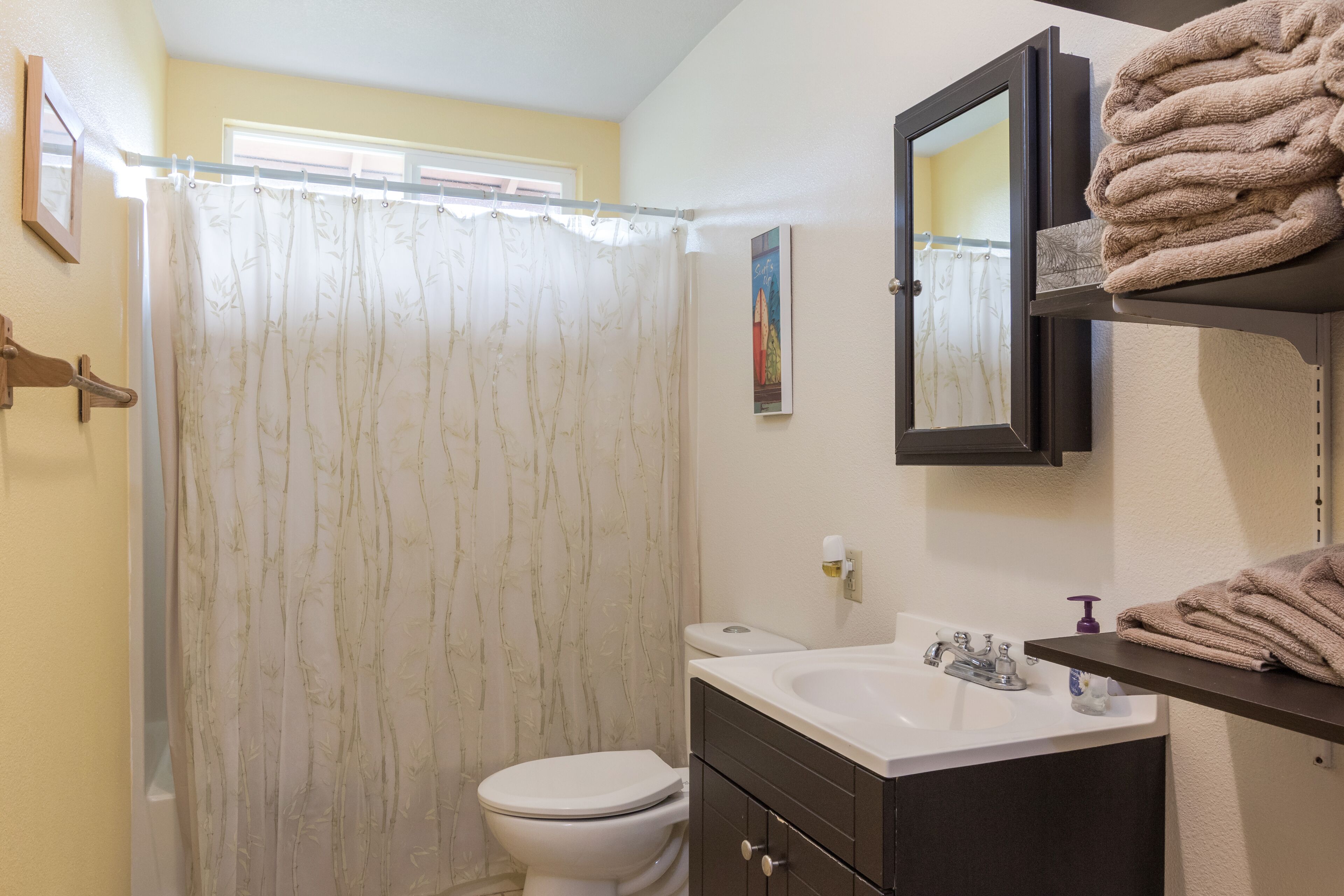 Combined shower/tub, hair dryer, towels, soap