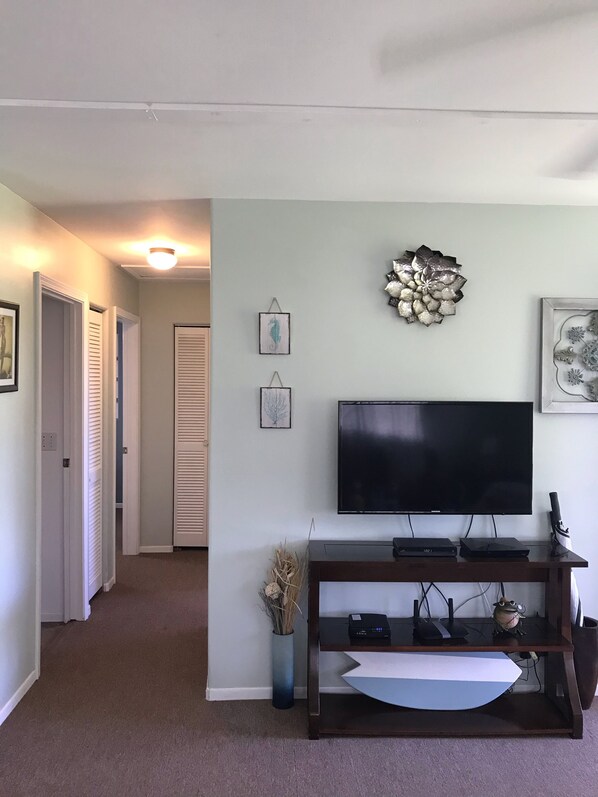 A living room with a flat-screen TV on a wooden stand, a decorative wall piece, and a vase with dried plants.