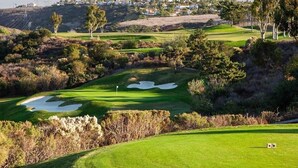 A golf course with bunkers, a flag, and a flagstick.