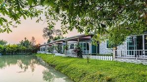 Una hilera de casas modernas con un estanque reflectante y abundante vegetación.